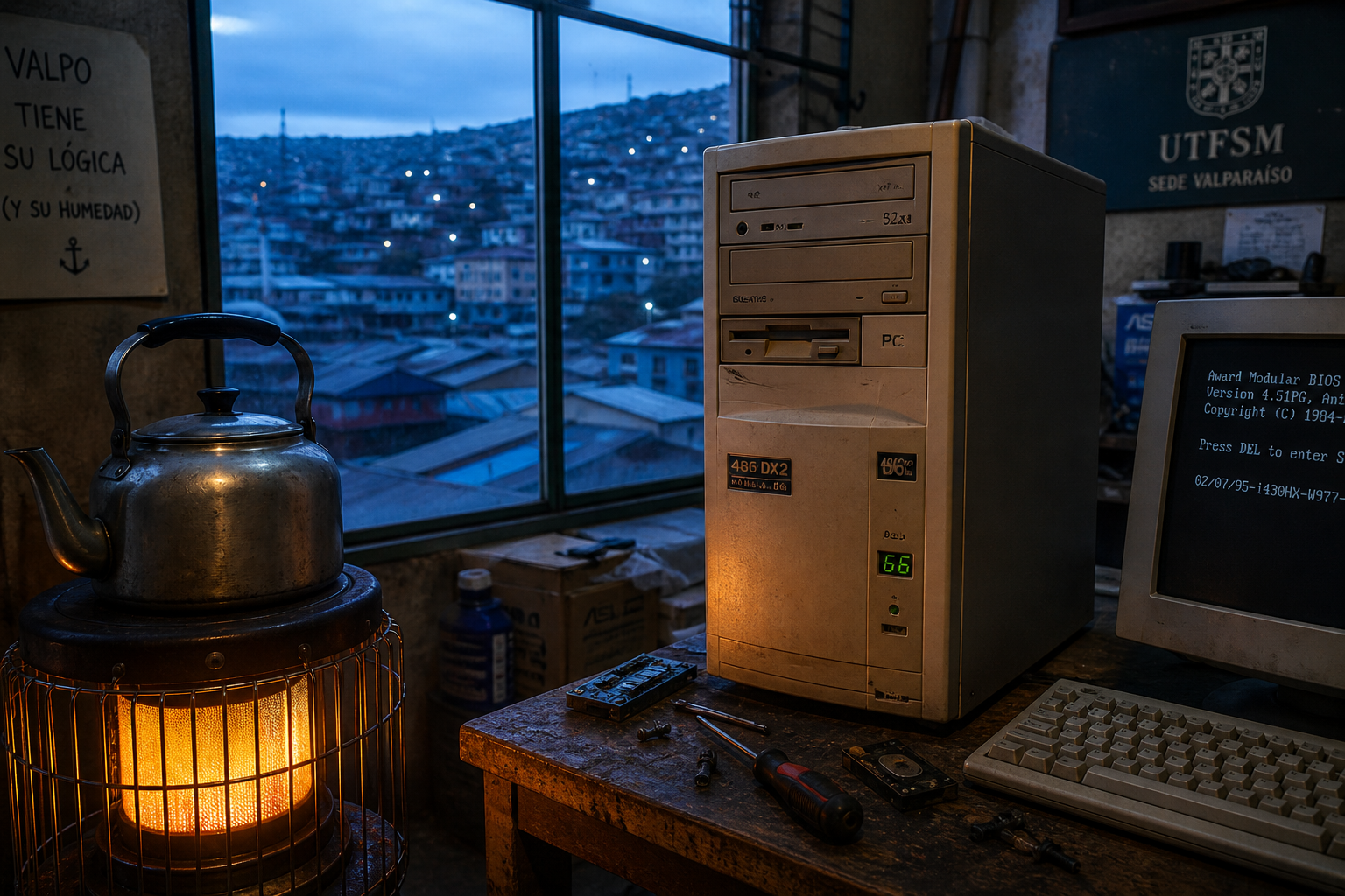 Un antiguo computador junto a una estufa, con Valparaíso al fondo